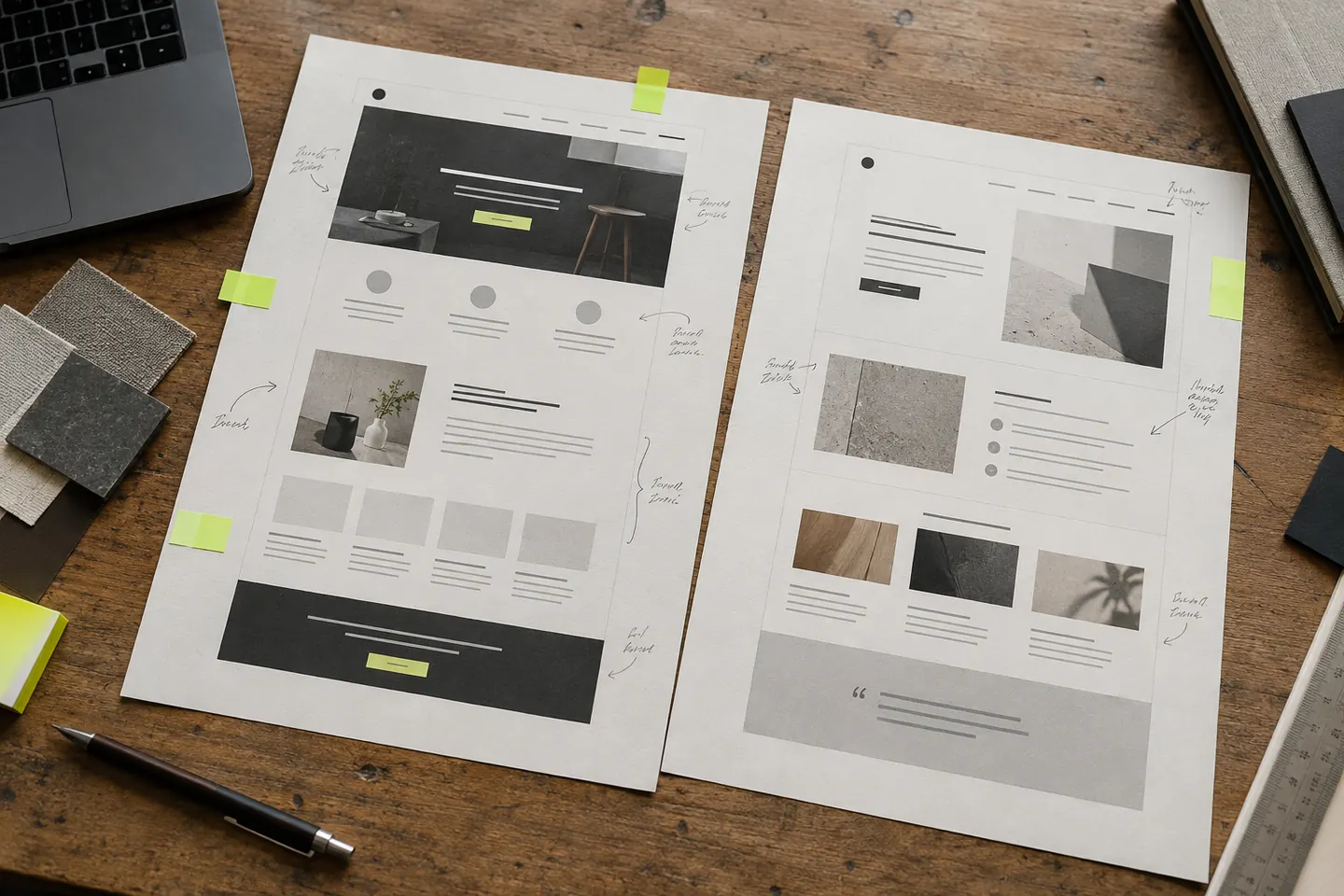 Printed service page drafts arranged with pencil notes and lime markers on a studio desk