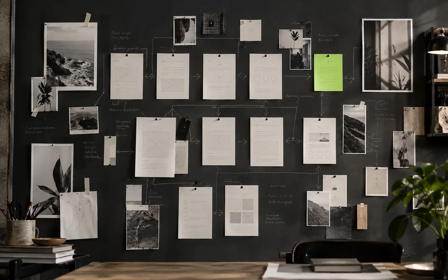 Website page layouts and research references arranged on a planning board.
