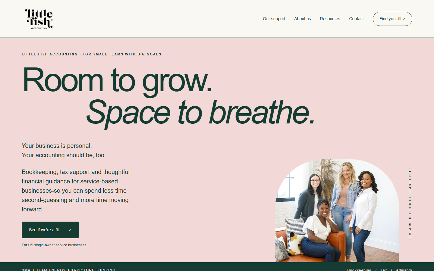 Little Fish Accounting homepage with a soft pink canvas, confident typography and team photography.