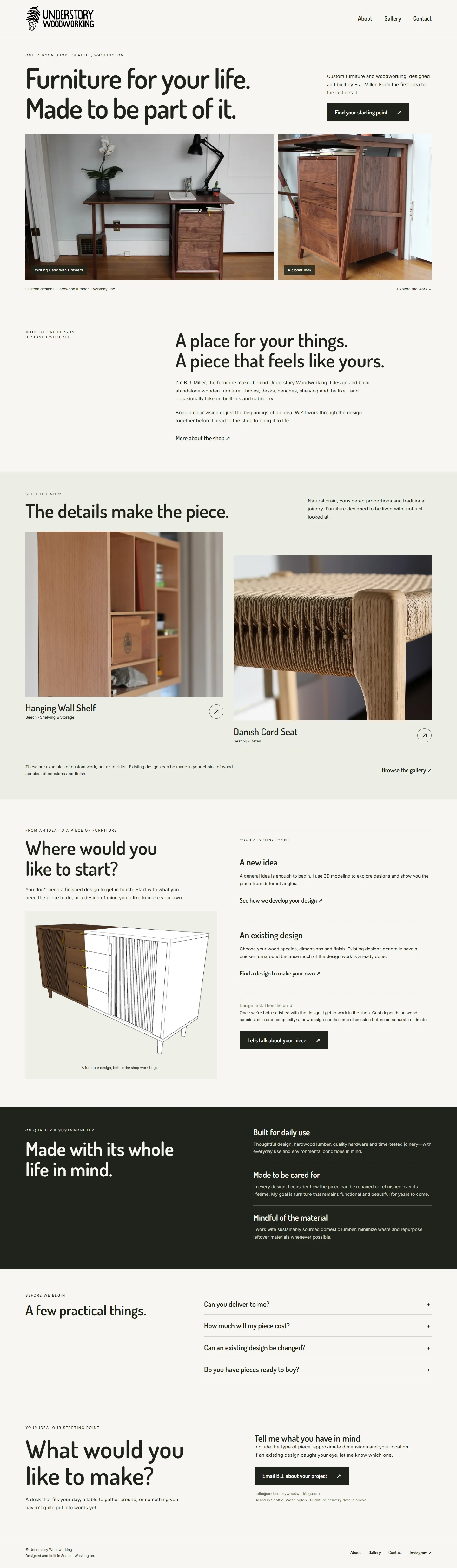 Full Understory Woodworking page showing furniture photography, maker introduction, selected work, project starting points, practical questions and contact details.